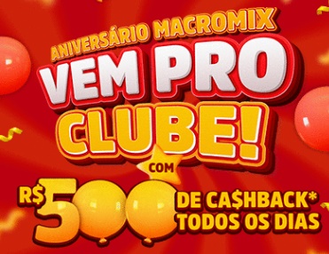 Banner promocional do Aniversário Macromix Atacado, destacando prêmios em cashback e informações sobre a promoção no Rio Grande do Sul.