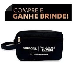 Imagem de divulgação da Promoção Duracell 2024 Esquenta Fórmula 1, mostrando uma necessaire exclusiva com a marca Duracell e o logotipo da Williams Racing ao lado de um chaveiro estilizado do mascote Coelhinho Duracell. Também aparecem caixas de pilhas Duracell AA e AAA que fazem parte do combo promocional.