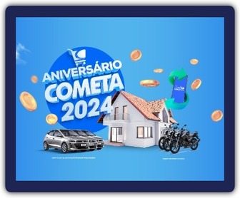 Imagem promocional do Aniversário Cometa 2024, destacando os prêmios principais, incluindo um cartão com crédito de R$ 200.000,00, três carros Hyundai HB20 e três motos Yamaha, incentivando os consumidores a participar da campanha.