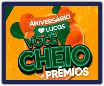 Imagem promocional da campanha “Você Cheio de Prêmios” da Rede Lucas de Supermercados, destacando os diversos prêmios oferecidos, como eletrodomésticos, eletrônicos e uma Smart TV Samsung 4K, além de informações sobre a promoção.