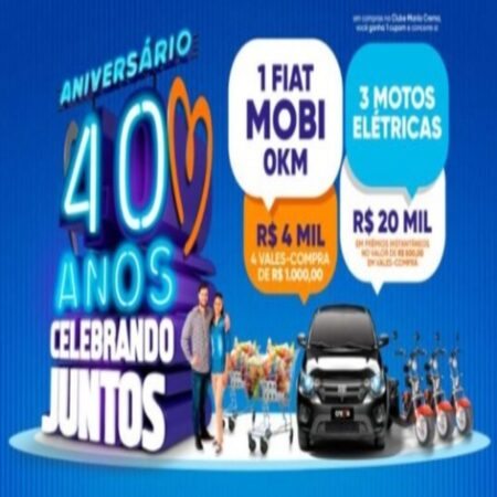 O Supermercado Crema está celebrando seu 40º aniversário com a promoção “40 Anos Celebrando Juntos”, que oferece prêmios incríveis, como um carro Fiat Mobi 0km, três motos elétricas, R$ 4 mil em vales-compra e R$ 20 mil em prêmios instantâneos. Para participar, os clientes devem se cadastrar no programa de fidelidade Clube Mania Crema e a cada R$ 100 em compras realizadas, ganham um cupom para concorrer.