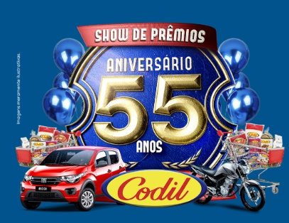 Imagem promocional da Promoção Codil Show de Prêmios 55 Anos, com destaque para o Fiat Mobi Trekking 1.0 e a Moto Honda CG 160 FAN, prêmios principais da campanha.