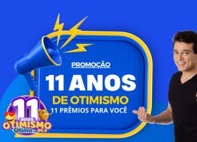 Imagem promocional da campanha “Ótima FM 11 Anos de Otimismo”, com o slogan “Novembro Otimista”. Mostra uma Air Fryer destacada como prêmio e informações de como participar, promovendo a chance de ganhar prêmios ao se cadastrar no site da rádio.