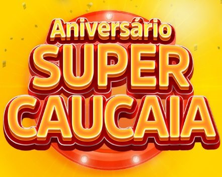 Imagem promocional do Aniversário Super Caucaia 2024, destacando prêmios como motos, iPhones, geladeiras abastecidas e vale-compras, com detalhes sobre a participação.