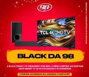 Imagem promovendo a Promoção Black da 98, destacando os prêmios que os participantes podem ganhar: uma Smart TV 50″ 4K UHD LED TCL e uma Soundbar LG com Subwoofer Bluetooth.