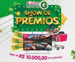 Imagem promocional da Lojas G 2024 Show de Prêmios, destacando os prêmios como TVs e vales-compras. A imagem é voltada para atrair os consumidores para a participação na promoção.