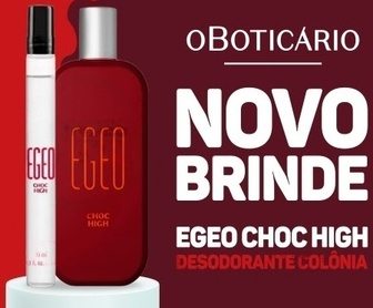 Imagem promocional da campanha do O Boticário destacando o lançamento do perfume Egeo Choc High. A imagem apresenta o frasco compacto de 10ml com design moderno, cercado por elementos que remetem ao chocolate e morango, reforçando as notas principais da fragrância.