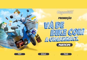 Imagem promocional da campanha “Vá de Bike com Organnact”, destacando a chance de ganhar uma bicicleta elétrica ao comprar produtos Organnact® nas lojas Rancho Alegre PE. A imagem exibe informações sobre a promoção, incluindo o valor mínimo de compra e orientações sobre o preenchimento do cupom para participar do sorteio.