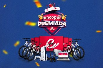 Imagem promocional da Promoção Encopel Premiada 2024, com destaque para os prêmios como TVs, notebooks, bicicletas, patinetes elétricos e Playstation 5, incentivando a participação por meio de compras nas lojas Encopel.