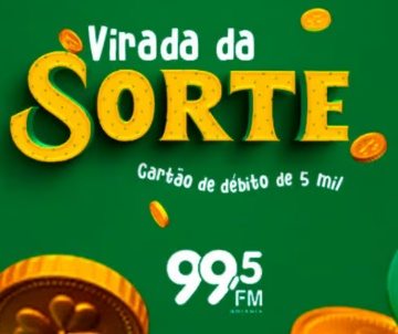 Banner promocional da campanha Virada da Sorte 99,5 FM, destacando o prêmio de R$ 5.000,00 em um cartão de débito Alelo e as instruções para participar, com o logotipo da rádio em destaque e informações sobre o site oficial.