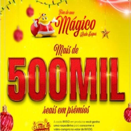 A Promoção Fim de Ano Mágico Rede Super oferece aos clientes da rede no Rio Grande do Sul a chance de ganhar parte dos R$ 500.000 em prêmios. Serão distribuídos 5.000 vales-compra de R$ 100 cada. Para participar, basta baixar o aplicativo Clube de Vantagens Rede Super, cadastrar-se, fazer compras de R$ 150 ou mais e registrar seu CPF no caixa.