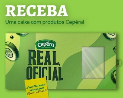 Imagem promocional da campanha da Cepêra, destacando uma caixa de produtos variados, como molhos e condimentos, com um fundo alegre e elementos gráficos que remetem à ideia de exclusividade e sabor.