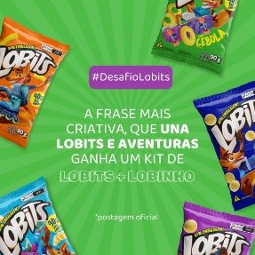 Imagem promocional do Desafio Lobits, com o mascote Lobinho ao lado de pacotes de salgadinhos Lobits, convidando os participantes a criar frases criativas para ganhar um Kit Lobits + Lobinho. A imagem destaca o mascote aventureiro e os produtos, com uma chamada para participar da promoção no Instagram.