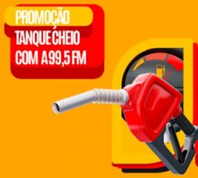 Imagem promocional da Promoção Tanque Cheio 99,5 FM mostrando a oferta de vales-combustível de R$150 para moradores de Goiânia e região metropolitana. A imagem destaca a rádio 99,5 FM, com um veículo reabastecendo e o logo da promoção.