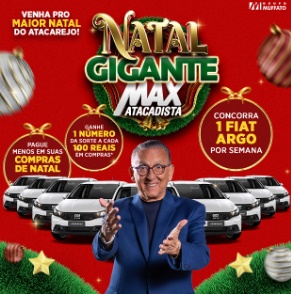 Banner promocional do Natal Max Atacadista 2024 destacando a chance de ganhar um Fiat Argo 0km toda semana, com imagens do carro, detalhes das condições de participação e o logo da campanha.