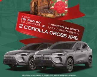 Imagem promocional do Natal do ParkShopping São Caetano 2024, destacando o sorteio de dois Toyota Corolla Cross XRE e o brinde exclusivo do panettone Bacio di Latte para clientes que cadastrarem suas notas fiscais no APP Multi. A imagem inclui elementos natalinos, como decoração temática e os prêmios em evidência.