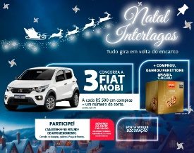 Banner promocional do Natal 2024 do Shopping Interlagos, destacando o sorteio de 3 Fiat Mobi e o Panettone Brasil Cacau como brindes para participantes que acumularem R$ 500 em compras.