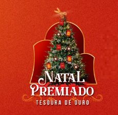 Banner promocional da Promoção Natal Premiado Tesoura de Ouro 2024, destacando prêmios como vouchers de viagem CVC no valor de R$ 6.000,00 e cartões de débito pré-pagos com saldo de R$ 5.000,00, incentivando a participação dos clientes que realizarem compras nas lojas físicas da Tesoura de Ouro.