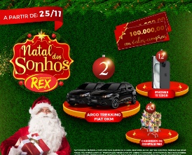 Imagem ilustrativa da Promoção Rex Supermercados Natal dos Sonhos, destacando os prêmios incríveis, incluindo 2 Fiat Argo Trekking e iPhones 15, com informações sobre como participar pelo App Club Rex.