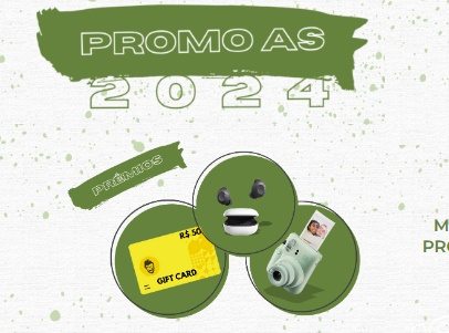 Banner promocional da AS Promoções 2024, destacando os prêmios oferecidos, incluindo uma Câmera Fujifilm Instax Mini 12, fones Samsung Galaxy Buds FE e Gift Cards de R$ 50,00 para o app Zé Delivery, com informações sobre as modalidades de participação e datas.