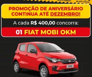 Imagem promocional destacando o aniversário Center Mega Shopping da Construção 2024, com o grande prêmio de um Fiat Mobi zero km, acompanhada de informações sobre como participar da promoção válida até dezembro.