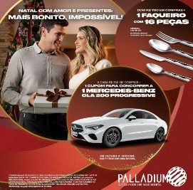 Imagem promocional da Promoção Natal Palladium 2024, com destaque para o prêmio principal, um Jeep Renegade T270 0km na cor preta, ao lado de um elegante faqueiro com 16 peças. A imagem inclui informações sobre como participar e os valores necessários para garantir os benefícios da campanha.