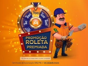 Imagem ilustrativa da Promoção Obramax Roleta Premiada, destacando os prêmios em vouchers de até R$ 700, com o logo da Obramax e a roleta digital.