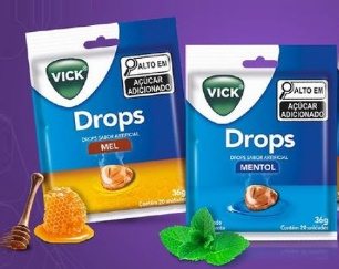 Imagem ilustrativa da campanha de distribuição gratuita de pastilhas Vick Drops, promovida pela Mimoo, com amostras nos sabores Mel, Mentol e Gengibre, disponíveis para retirada nos pontos de resgates.