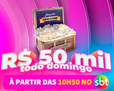 Imagem da Promoção Pião da Felicidade SBT da Jequiti, com destaque para o prêmio principal de até R$ 50.000,00 em certificado de barra de ouro. Na imagem, o famoso pião da sorte do SBT é apresentado em cores vibrantes, chamando a atenção para os prêmios que podem ser conquistados por clientes do Carnê do Baú da Felicidade.