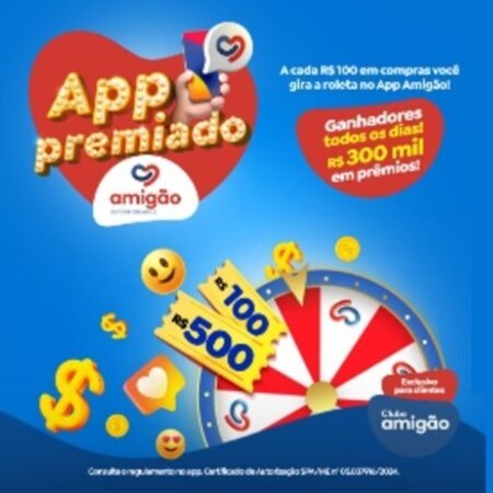 Imagem promocional do Amigão Supermercados anunciando a Promoção App Premiado, destacando a Roleta Digital e os prêmios de vale-compras que podem ser ganhos pelos clientes.