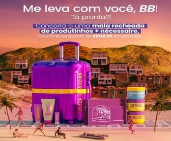 Uma mala azul e uma mala roxa, cada uma repleta de produtos das marcas HIDRATEI e BELEZA BRASILEIRA, destacadas em uma imagem promocional da campanha “Me Leva com Você” da EI Beleza Cosméticos Ltda., com detalhes dos produtos incluídos e informações sobre como participar.