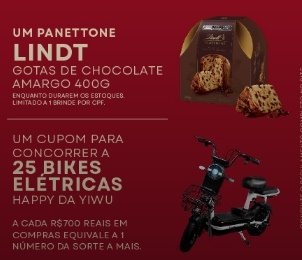 Imagem promocional da campanha Natal Premiado Botafogo Praia Shopping 2024, com destaque para bicicletas elétricas, um panetone natalino e elementos festivos como luzes e decorações de Natal.