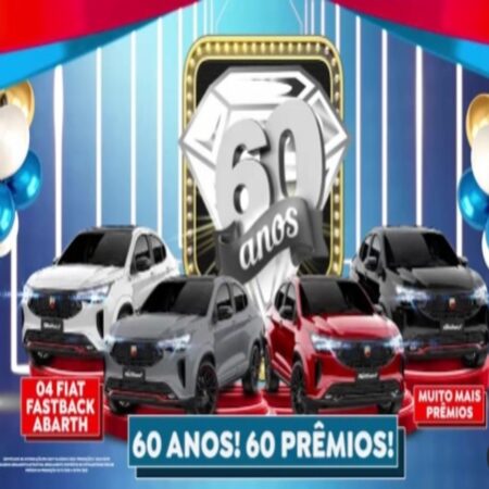 Imagem promocional da Promoção Muffatão 60 Anos, celebrando o aniversário da rede de supermercados com prêmios exclusivos para seus clientes, incluindo carros, motos, iPhones e outros itens de alto valor. A imagem destaca o logo do Muffatão, ilustrações dos prêmios e um texto chamando os clientes a participar e concorrer.