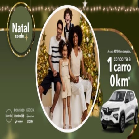 Imagem ilustrativa da Promoção Natal Caedu 2024, destacando um carro 0km como prêmio principal, com elementos festivos de Natal, como presentes, árvores decoradas e luzes, ao lado de mensagens que incentivam a participação na promoção com compras a partir de R$ 100.