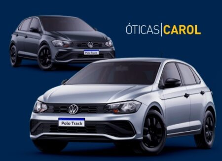 Banner promocional da campanha de Natal das Óticas Carol, mostrando o sorteio de 24 carros Volkswagen Polo zero quilômetro para clientes que realizarem compras nas lojas físicas da rede.