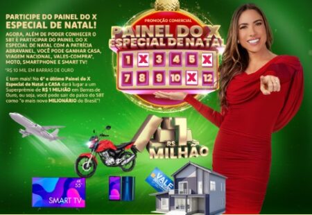 Imagem promocional da Tele Sena de Natal 2024, mostrando os prêmios incríveis da promoção “Painel do X Especial de Natal”, incluindo uma casa, viagem, vale-compras, moto, smartphone e smart TV.