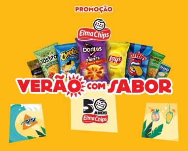 Imagem promocional da campanha Verão com Sabor Elma Chips 2024. A arte destaca prêmios como caixas de som JBL, copos temáticos, maxi cangas e bolsas térmicas. O fundo apresenta elementos vibrantes em tons de verão, com imagens de snacks como Cheetos, Doritos e Ruffles, além de informações sobre como participar.