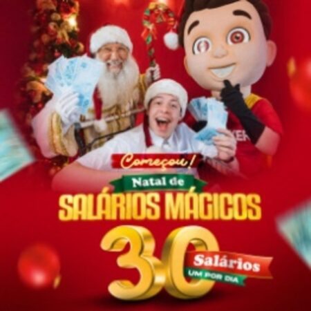 Imagem promocional da campanha “Natal de Salários Mágicos” do Supermercado Becker. Apresenta elementos natalinos, como luzes e decorações, com destaque para o prêmio de 30 vale-compras de um salário mínimo cada, para celebrar o final de ano dos clientes de Santa Catarina.