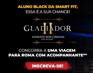 Imagem promocional da campanha “Smart Fit Quem Tem Black Vai a Roma”, destacando o prêmio principal: uma viagem para Roma, na Itália. A imagem apresenta elementos visuais como o Coliseu ao fundo, um avião simbolizando a viagem, e o logotipo da Smart Fit com informações sobre a promoção.