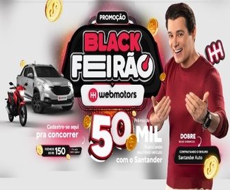 Banner promocional da campanha “Black Feirão Webmotors 2024” com destaque para o prêmio de R$50.000,00 em um cartão de crédito. A imagem apresenta elementos visuais que reforçam a parceria entre Webmotors, Aymoré e Santander Auto, incentivando a simulação de financiamento de veículos.