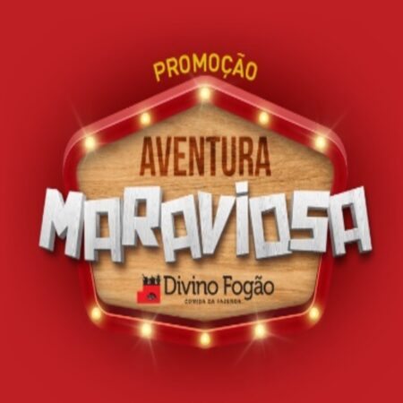 Banner promocional do Divino Fogão destacando a promoção 'Aventura Maraviosa', com imagens temáticas do filme Chico Bento e a Goiabeira Maraviosa, mostrando ingressos de cinema, o Youtuber Isaac Amendoim e um kit de prêmios exclusivos. Elementos gráficos incluem o logotipo do Divino Fogão e cores vibrantes que remetem ao universo rural.