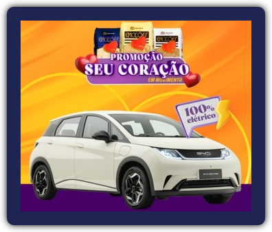 Imagem promocional da campanha "Seu Coração em Movimento" do Arroz Emoções 2025. A imagem destaca o prêmio principal, um carro elétrico BYD Dolphin 0km, em um design moderno e atraente, junto aos produtos participantes da linha Arroz Emoções e informações sobre como participar da promoção.