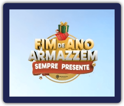 Banner da Promoção Fim de Ano Armazzem 2024, exibindo um carro 0km como prêmio principal, junto com imagens de prêmios adicionais como televisores, air fryers e assistentes virtuais. O texto destaca as condições para participação e os estados onde a promoção é válida.