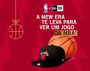 Imagem promocional da Promoção New Era Natal 2024, destacando a viagem para Miami e o ingresso para assistir a um jogo da NBA.