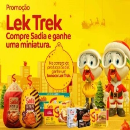 Imagem promocional da Sadia mostrando miniaturas dos personagens Lek Trek disponíveis como prêmios. A imagem destaca os produtos participantes da promoção, como aves natalinas, lasanhas e hambúrgueres, que possibilitam a conquista das miniaturas.