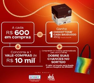 Imagem promocional da campanha de Natal 2024 do Shopping Metrô Tucuruvi, destacando o sorteio de um vale-compras de R$ 10 mil, o presente de chocottone Bauducco para compras acima de R$ 600,00, e a ecobag personalizada em parceria com o Hospital do GRAACC.