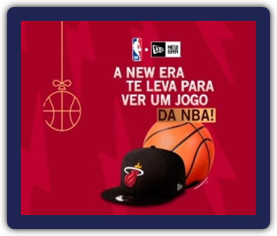 Imagem promocional da campanha "Draft New Era", destacando uma viagem para assistir a um jogo da NBA em Miami como prêmio principal, além de bonés exclusivos da marca.