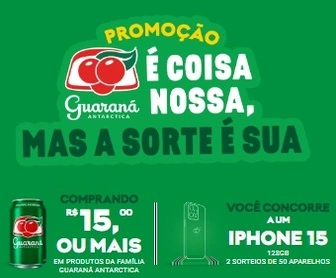 Imagem promocional da campanha "Sorteio iPhone 15" da Guaraná Antarctica, destacando os produtos e os prêmios. A imagem mostra um iPhone 15 e garrafas de Guaraná Antarctica, com detalhes da promoção em texto.