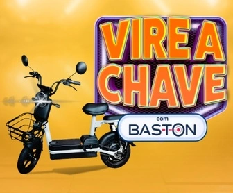 Imagem promocional da "Vire a Chave com Baston", destacando a parceria entre a Baston Indústria de Aerossóis e a Florency Perfumaria. A imagem mostra as scooters elétricas AS140, prêmios da promoção.