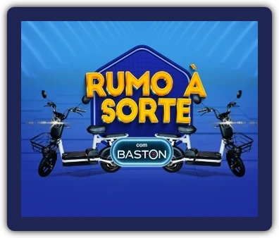 Imagem promocional da campanha "Rumo à Sorte com Baston", destacando o sorteio de 13 scooters elétricas, com os logotipos das marcas participantes (ABOVE®, PRO INSET®, PURO AR®) e informações sobre como participar por meio de compras nos Supermercados Bavaresco e Bavaresco Atacado.